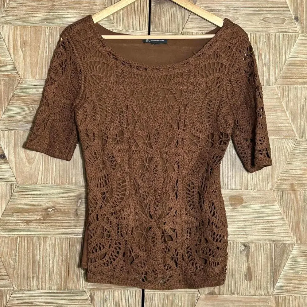 INC Brown Textured Crochet Knit Top Earthy Boho Whimsigoth Style - Size S